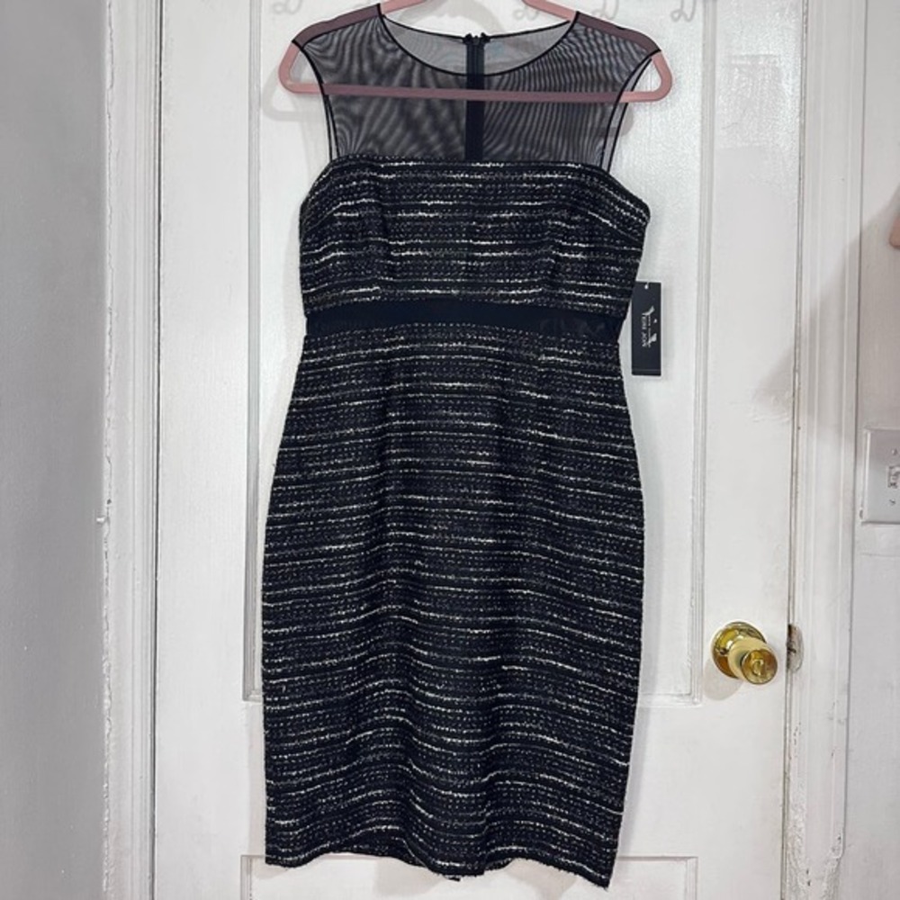 Rickie Freeman Terri Jon Dress Sheath Tweed‎ Metallic Sleeveless Black Mesh Sz 8